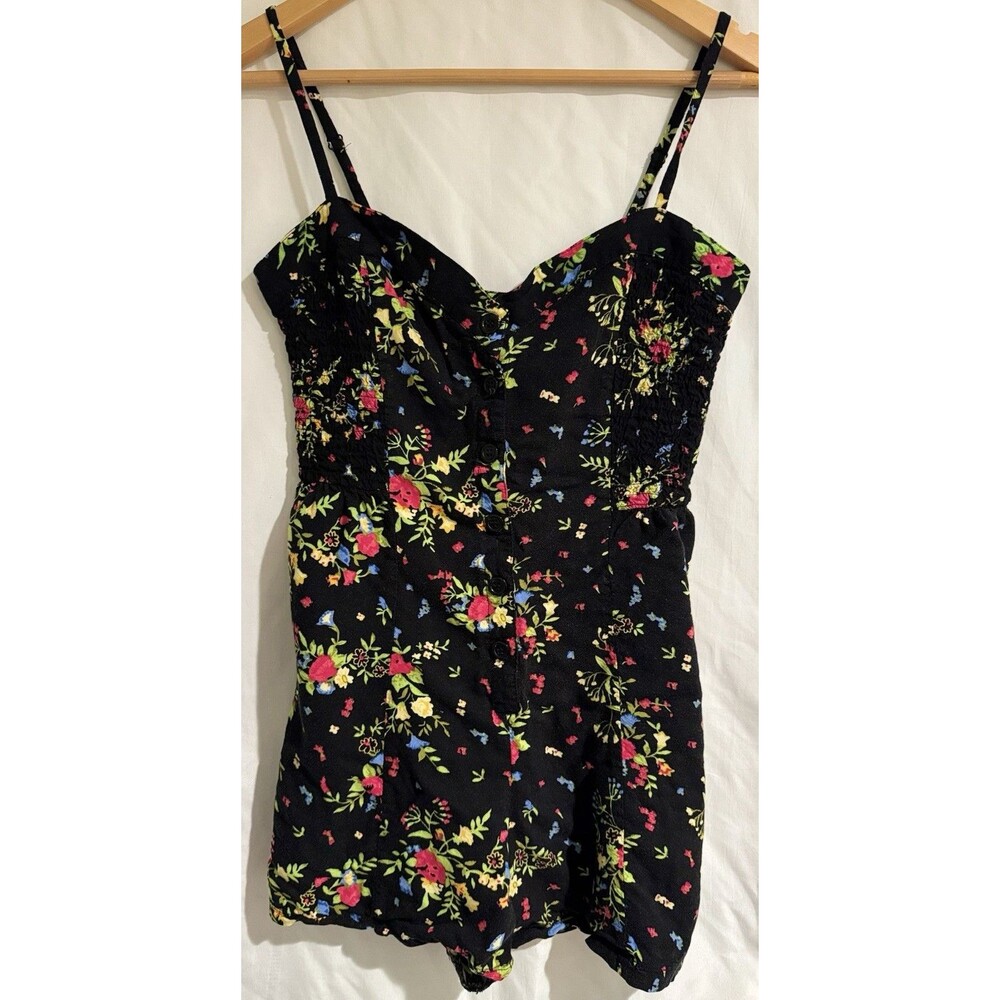 Vintage Y2K Derek Heart Juniors Black Floral Rayon Babydoll Romper M Coquette EC